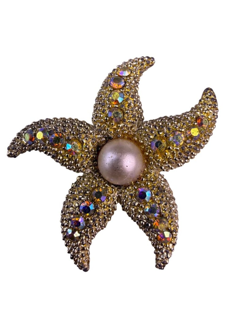 Vintage Gold Tone Women’s Rhinestone Starfish Brooch With Faux Pearl Accent